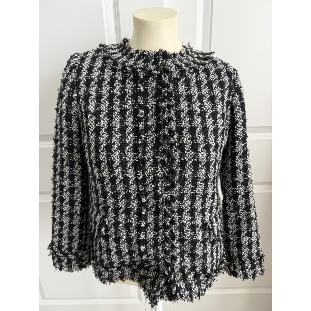 Ann Taylor Women Black White Tweed Fringe Trim Snap Front Jacket Size 6 473670